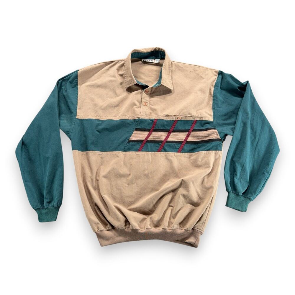 Vintage Colorblock Polo Shirt Adult 2XL XXL Tall Brown Banded Pocket Alexxus 90s